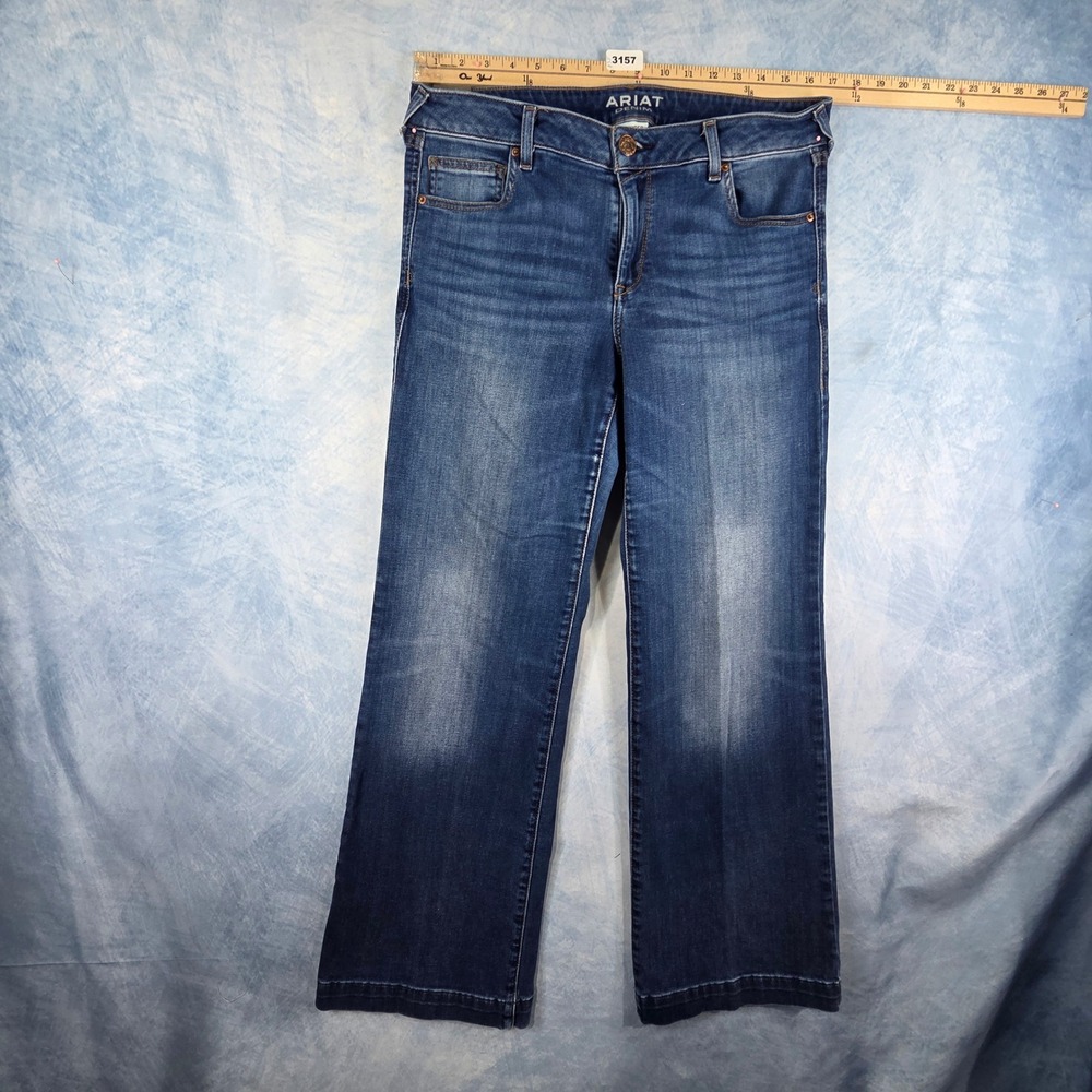 Ariat Denim Trouser Jeans Womens 32R Blue Medium Wash Wide Leg Mid Rise Western